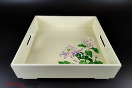 Cream square lacquer tray hand-painted with chrysanthemum 32*H9 cm